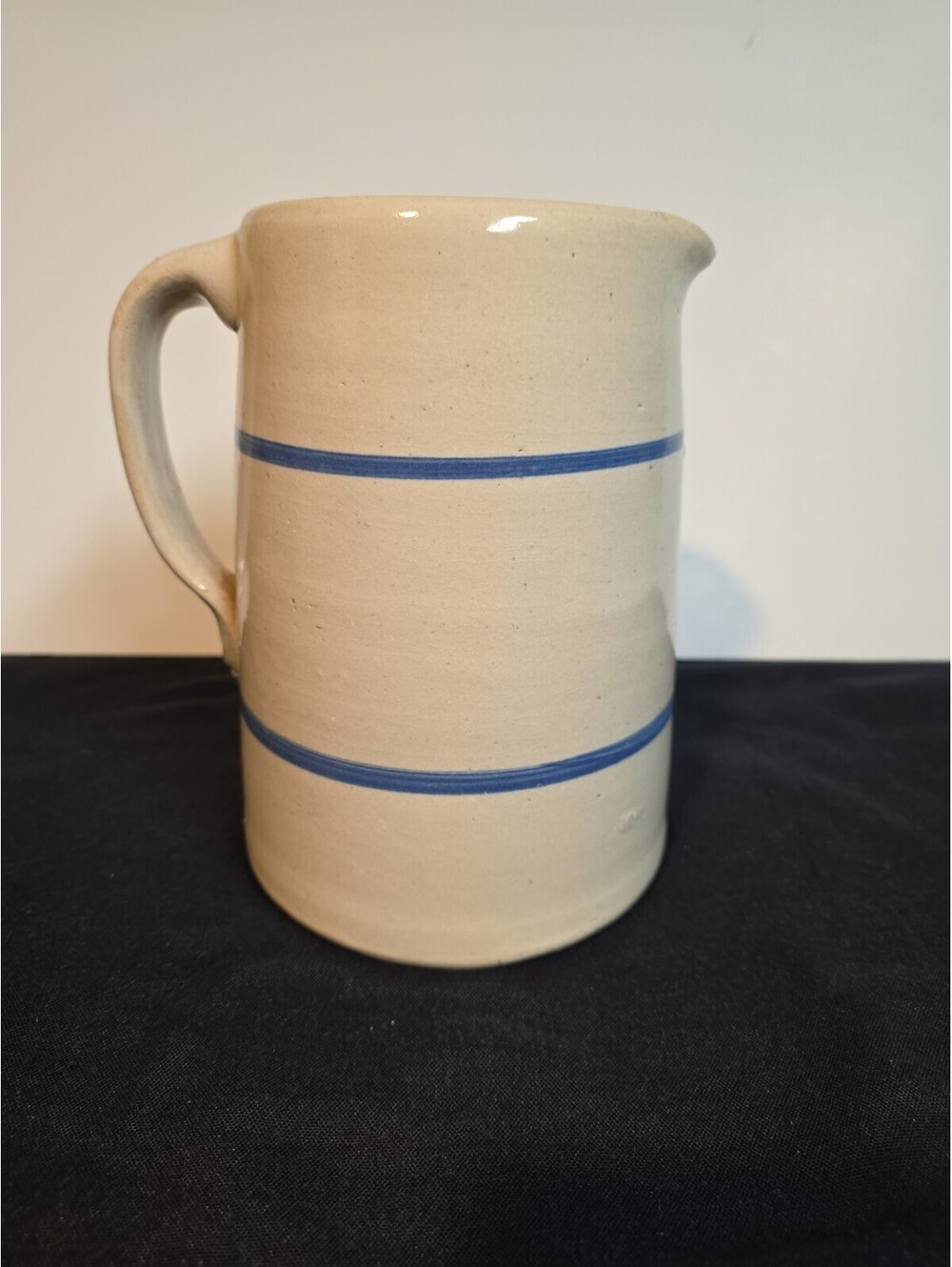 Vintage Salt Glazed Stoneware Pitcher Creamer Blue Stripe Farmhouse Pottery Jug